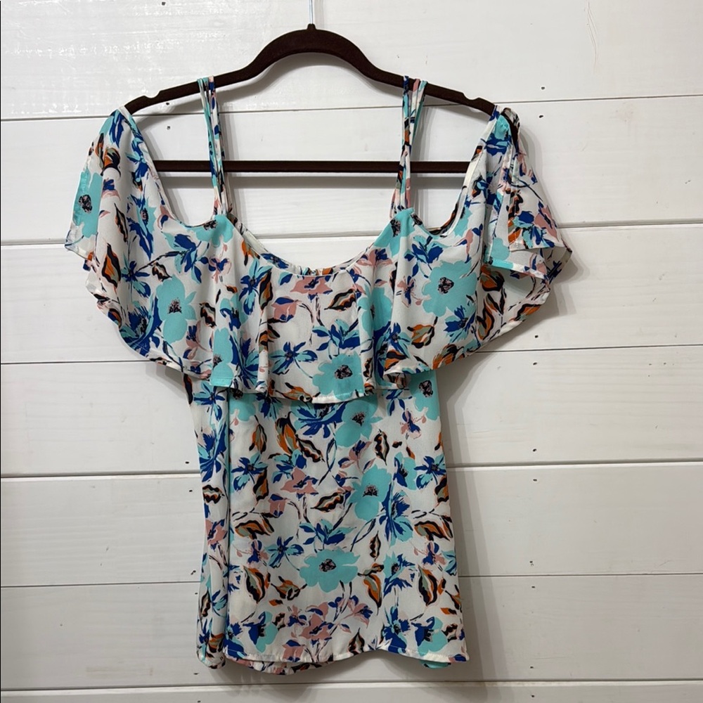 Blue Flutter Sleeve Ruffled Blouse